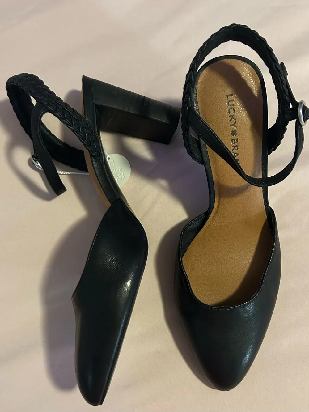 Lucky Brand Black Pointed Toe Braided Ankle Strap Heels